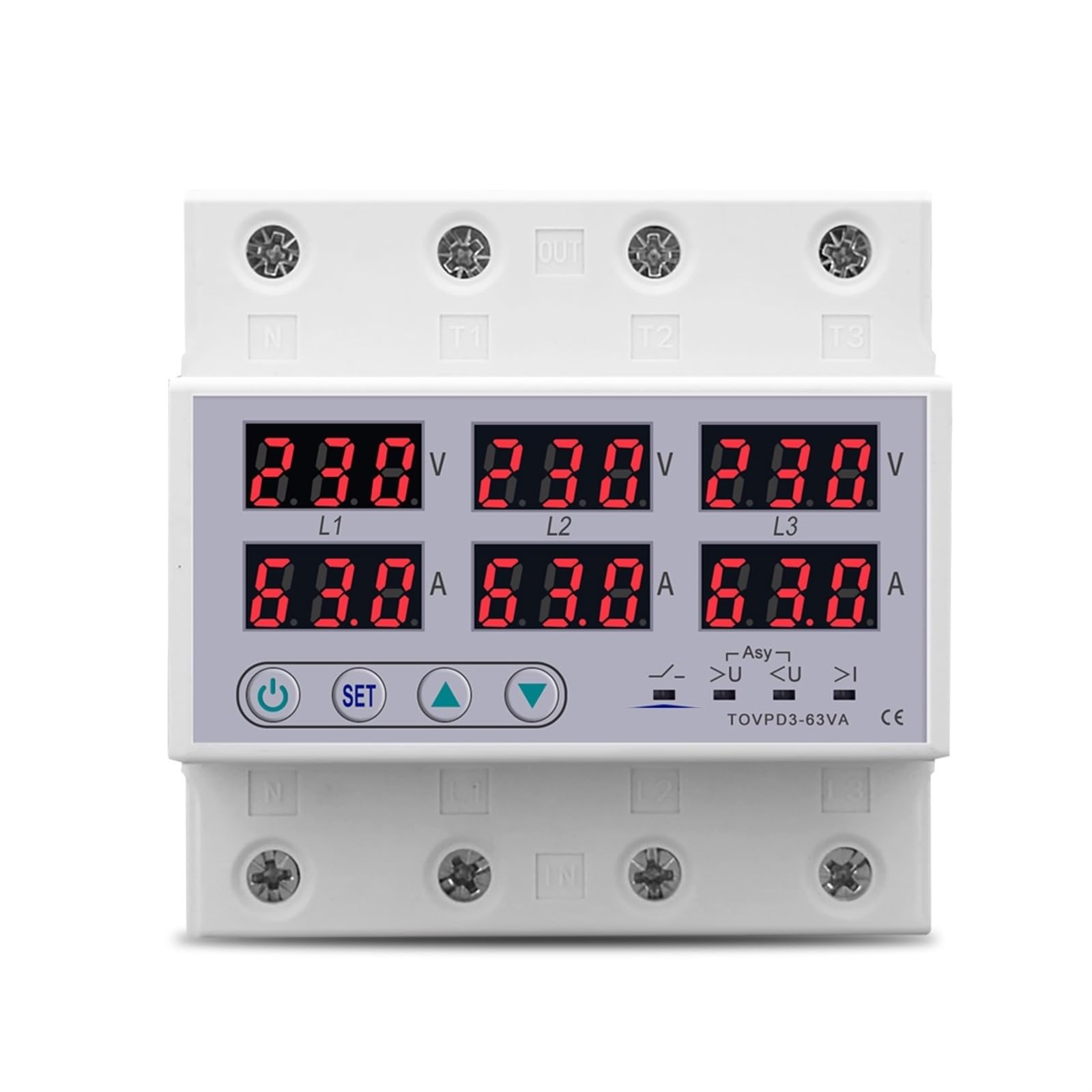 NVSFZGIYG 3 Phase 3P+N Din Rail Voltmeter Ammeter Adjustable Over and Under Voltage Current Limit Protection Monitor Relays Protector 1Pcs(63A without N 380V)