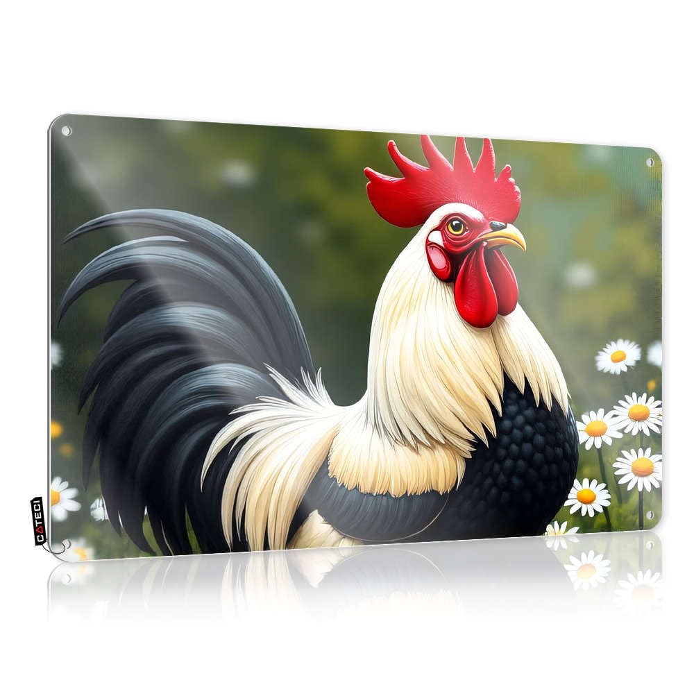 Fzfn Boys Colour Fun Farmhouse Signs Rustic Wall Poster, Room Decor Funny Quote Design For Deck Garage | Collection Anti-Rust Metal A Rooster Stands Proudly Amidst A Field Of Daisies(30X40cm)