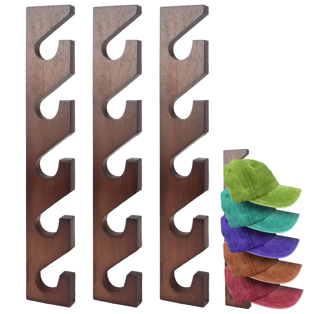 SOEWIOU3 Pcs Hat Rack for Baseball Caps, Wall Mounted Wooden Hat Storage Organizer Hanger, Wall Vertical Hat Holder Caps Display Rack for Closet Door Bedroom Living Room Entryroom Laundry (Walnut)
