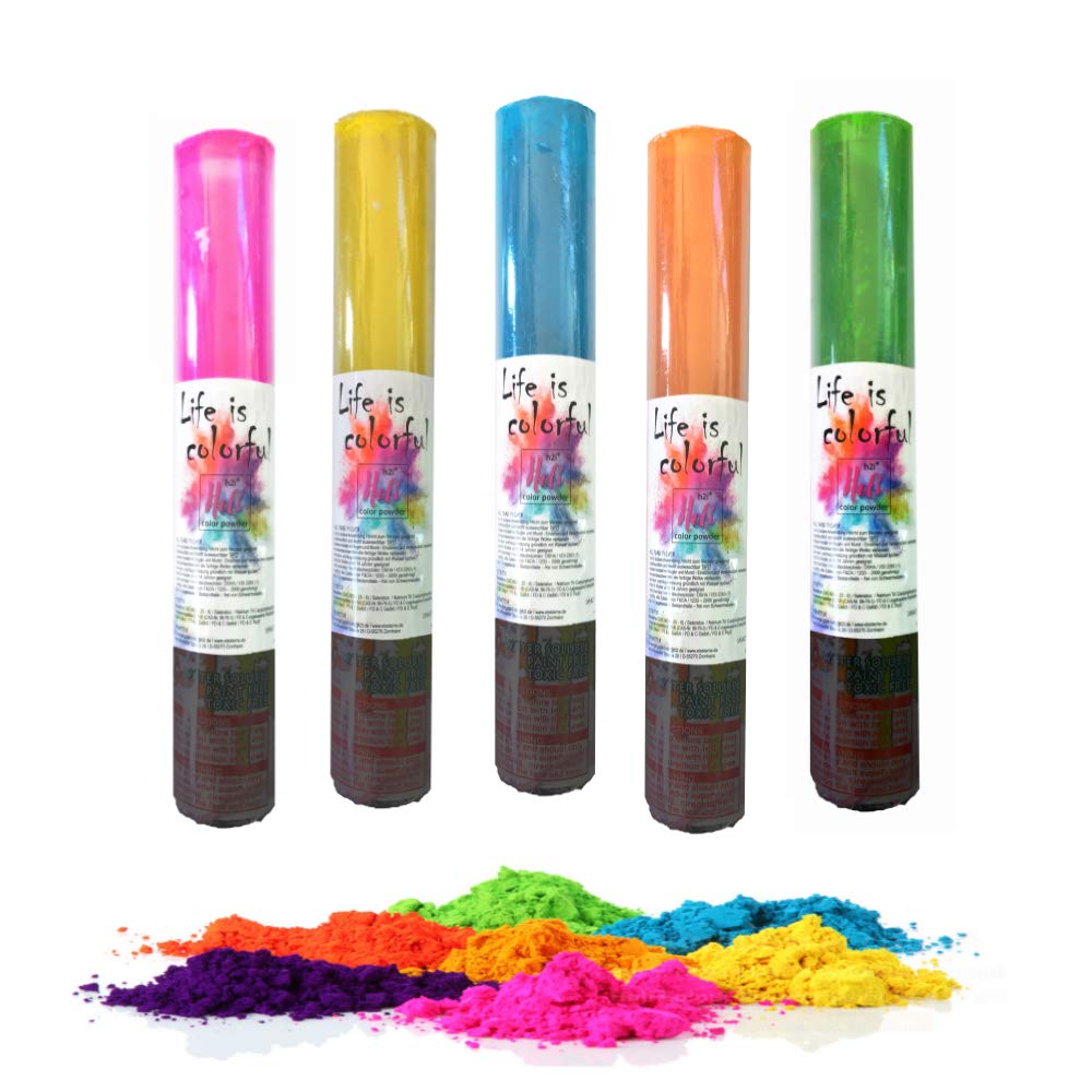 Eissterne.de h2i Holi Shooter 5 Pieces in Mixed Colours, Colour Bomb Shooter Colour Powder Cannons Party Fun, 60 g per Piece