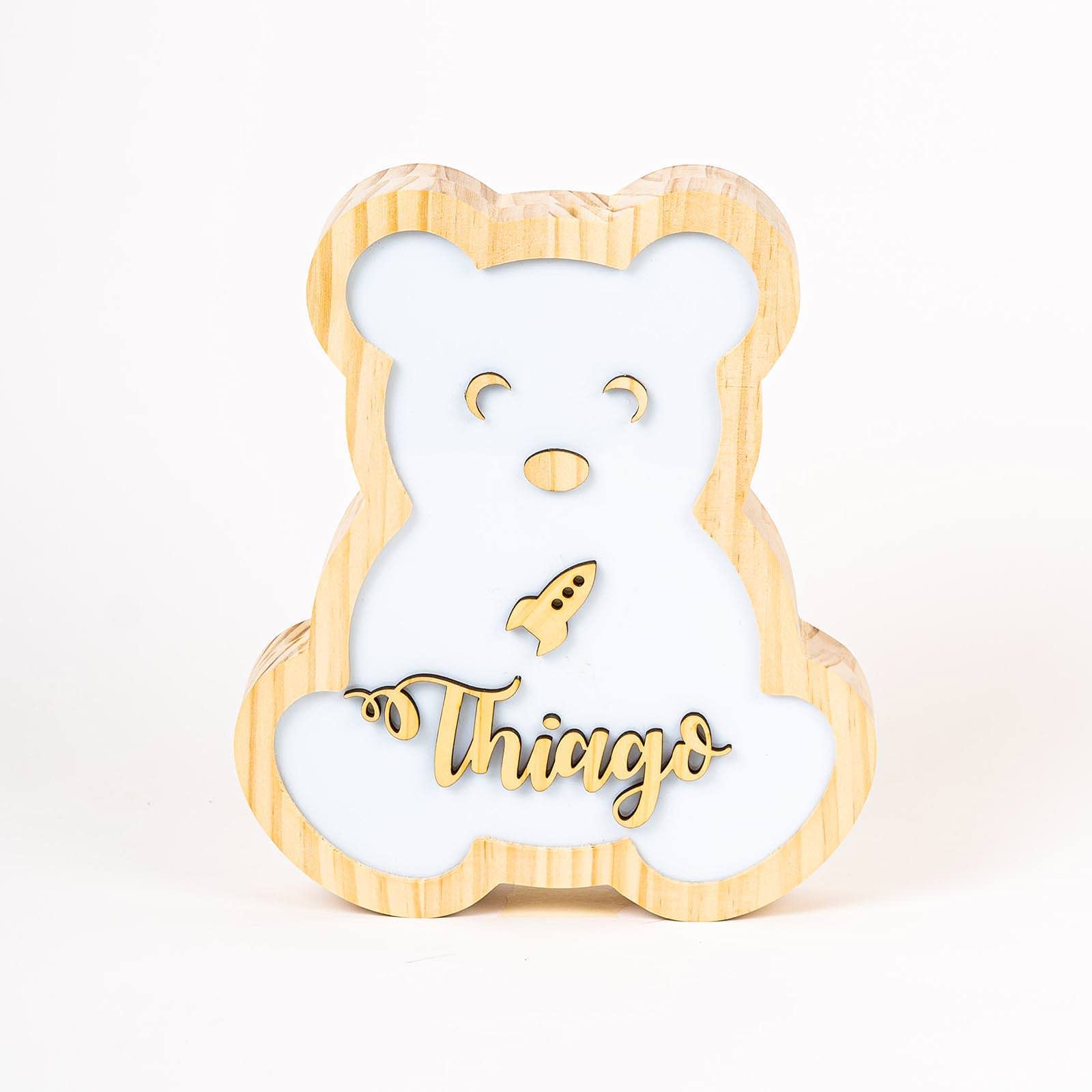 [ PINE & KIDS ] Lámpara Osito infantil personalizada con Nombre. Lámpara quitamiedos con nombre en madera para niños y bebés. Incluye adaptador de corriente.