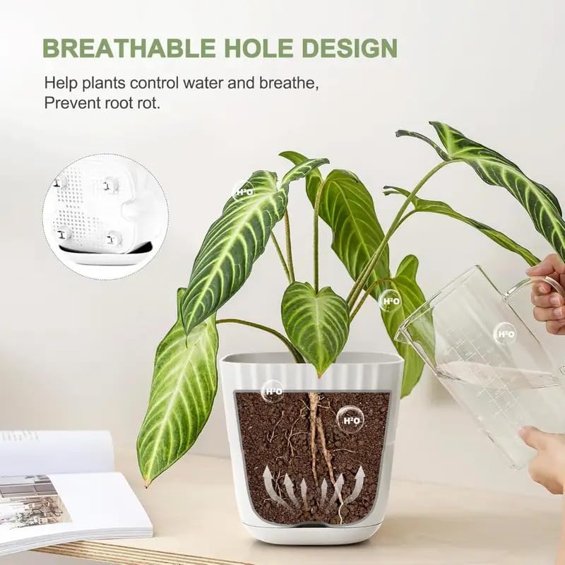 Image of StyleX Store Pack of 5 Self Watering Flower Pot, Indoor Outdoor Modern Plant Pot with Integrated Water Tray for Home Balcony Garden Office, Square Decorative Pot for Plants Succulents Herbs (White)