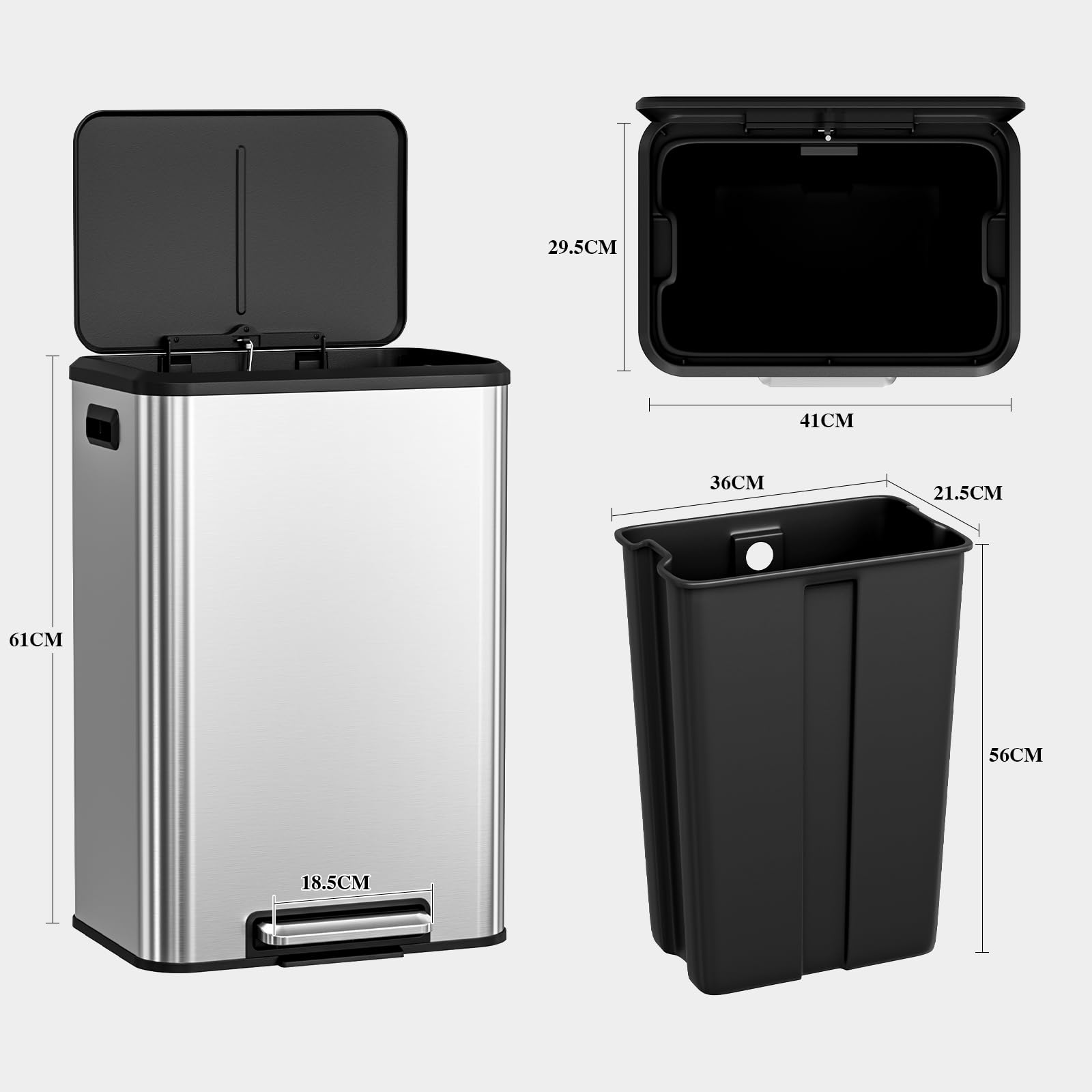 LIFERUN Mülleimer 40l, Abfalleimer Küche mit Inneneimer,mit Deckel Softclose, Tretmülleimer aus Stahl, für Büro, Großfamilie,Silber