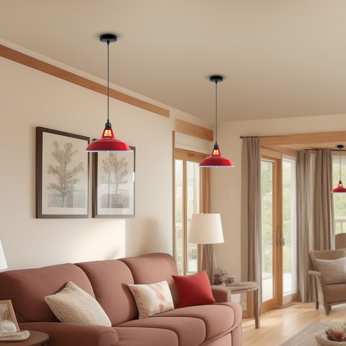 2 Pack Metal Lamp Shades 11.8 Inch Industrial Barn Style Ceiling Pendant Lampshade, Rust-Free E26 Light Shade with Reducer Plate (Red)
