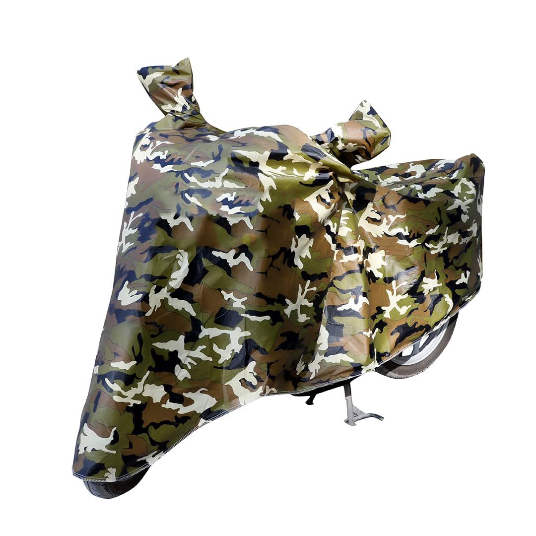 PROTEGO All Weather Protection Two Wheeler Cover for All Bikes upto Royal Enfield Size | Anti Dust, 100% Waterproof, Heat Resistant, UV Proof -Triple Stitched with Mirror Pocket| (Military Camouflage)