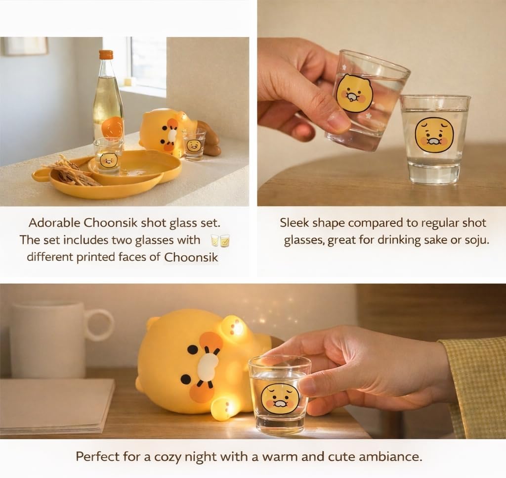 MYTEMS Kakao Choonsik Beer Glass and Soju Shot Glass Set with Bottle Opener, Cute Character Drinkware, 3-Piece Glass Cup Set 춘식이 소주잔 맥주잔 소맥잔 somaek somek somek