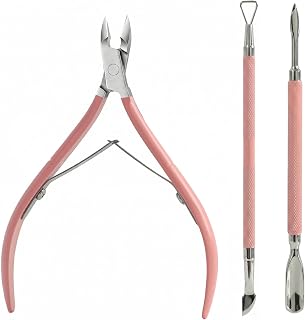 Professional Nail Clipper with Push Button 3-Piece Stainless Steel for Manicure and Pedicure, Nail Clipper, Double End Pusher, Precision Nail Scraper (Pink)