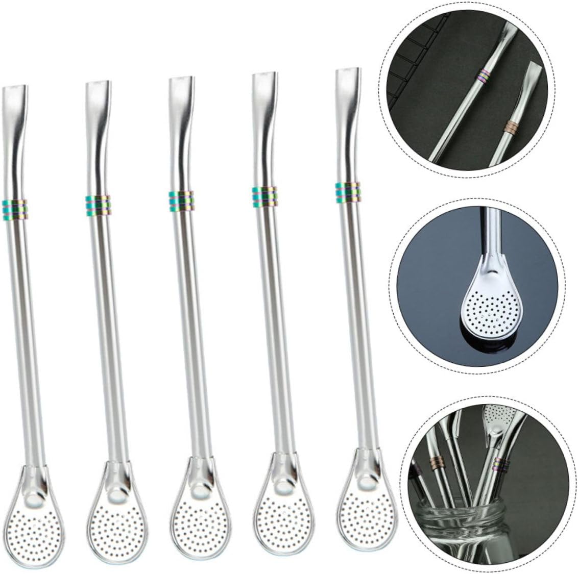 LABRIMP 5Pcs Stainless Steel Straw Spoon Versatile Filtering Mixing Spoon with Flat Mouth Design for Easy Drinking for Home Bar Bistro and Restaurant Use