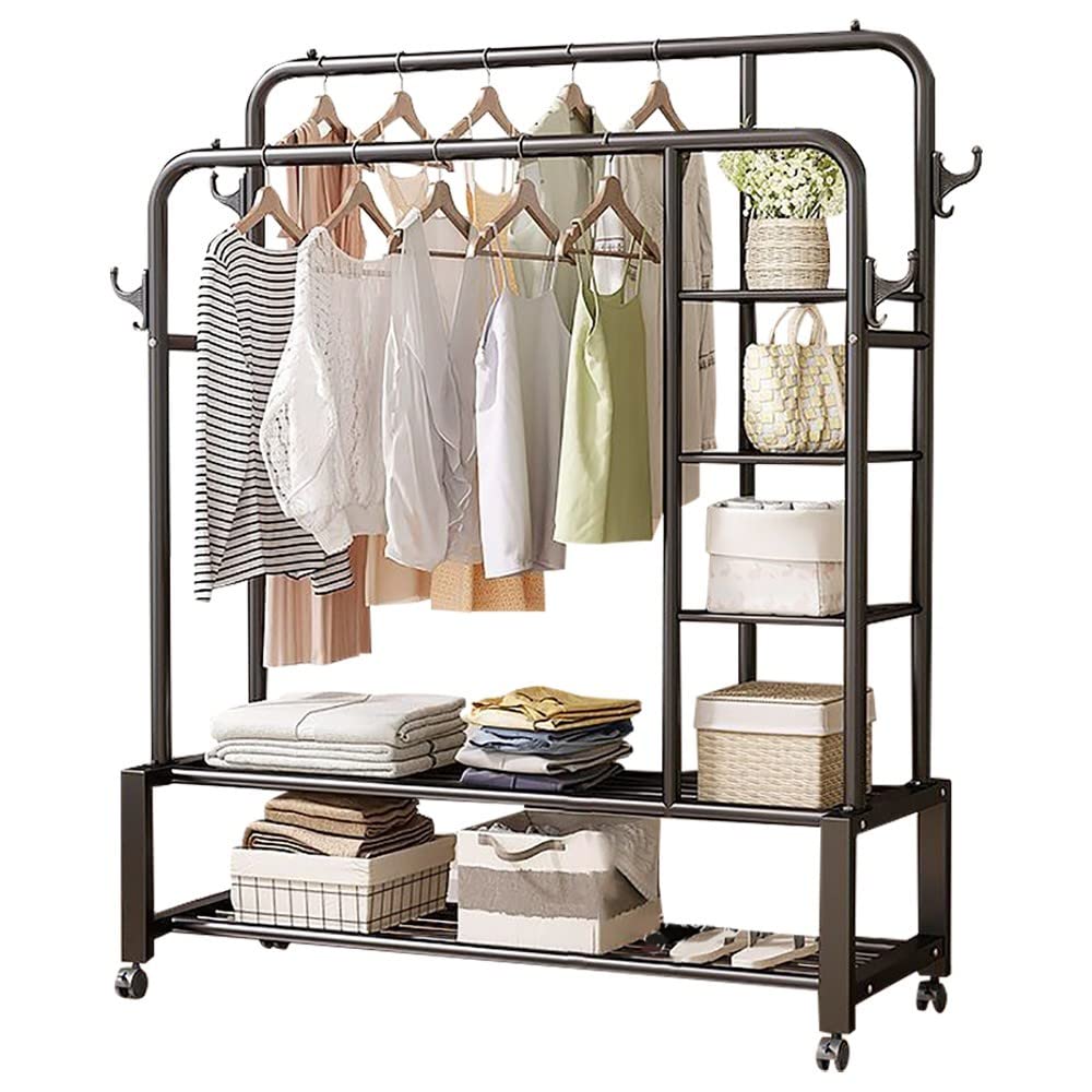 MYUYEE Metal Coat Rack Stand, 3-In-1 Design Coat Stand With 2-Tier Shoe Stand, With 4 Hooks, Maximum Load 150Kg, For Living Room, Hallway, Bedroom, L:110Cm/130Cm/150Cm, Easy To(Black-130Cm)