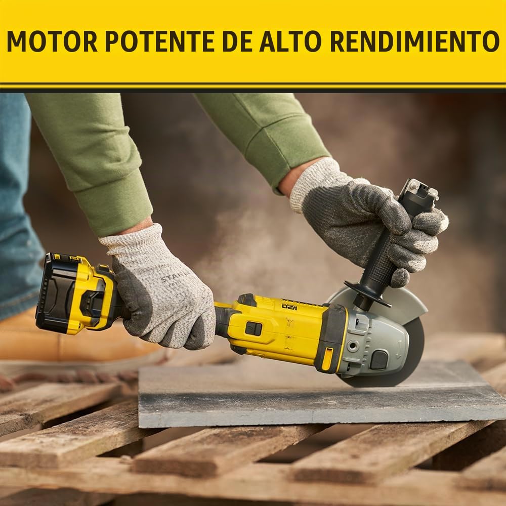 STANLEY FATMAX Mini Amoladora V20 Litio 18V, disco de 125mm, diseño compacto y ergonómico, velocidad 9000 rpm, empuñadura lateral 3 posiciones, sin cargador ni batería, SFMCG400B-XJ