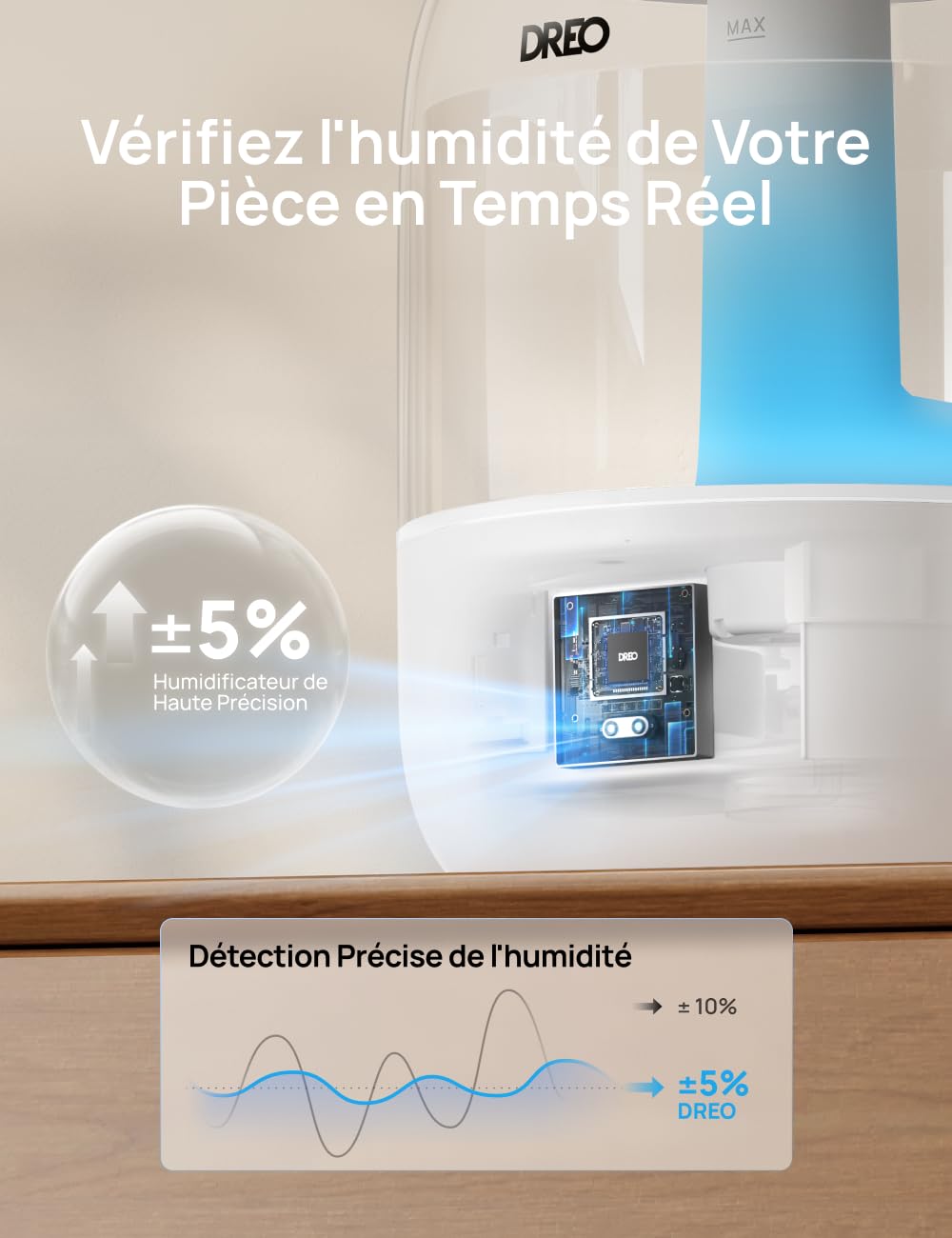 DREO Humidificateur d'air pour chambre à coucher, brume fraîche pour la maison et les grandes pièces, humidificateur silencieux pour bébé, veilleuse, diffuseur essentiel, humidificateur à ultrasons