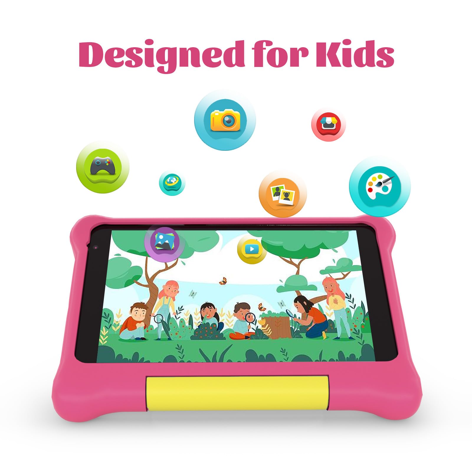 Yicty Tablet Kinder 7 Zoll Android 13 Lern-Tablets PC Kindersteuerung Quad Core 5 GB RAM 32 GB ROM 128 GB Erweiterung Dual Kamera Stoßfeste Schutzhülle (Rosa)