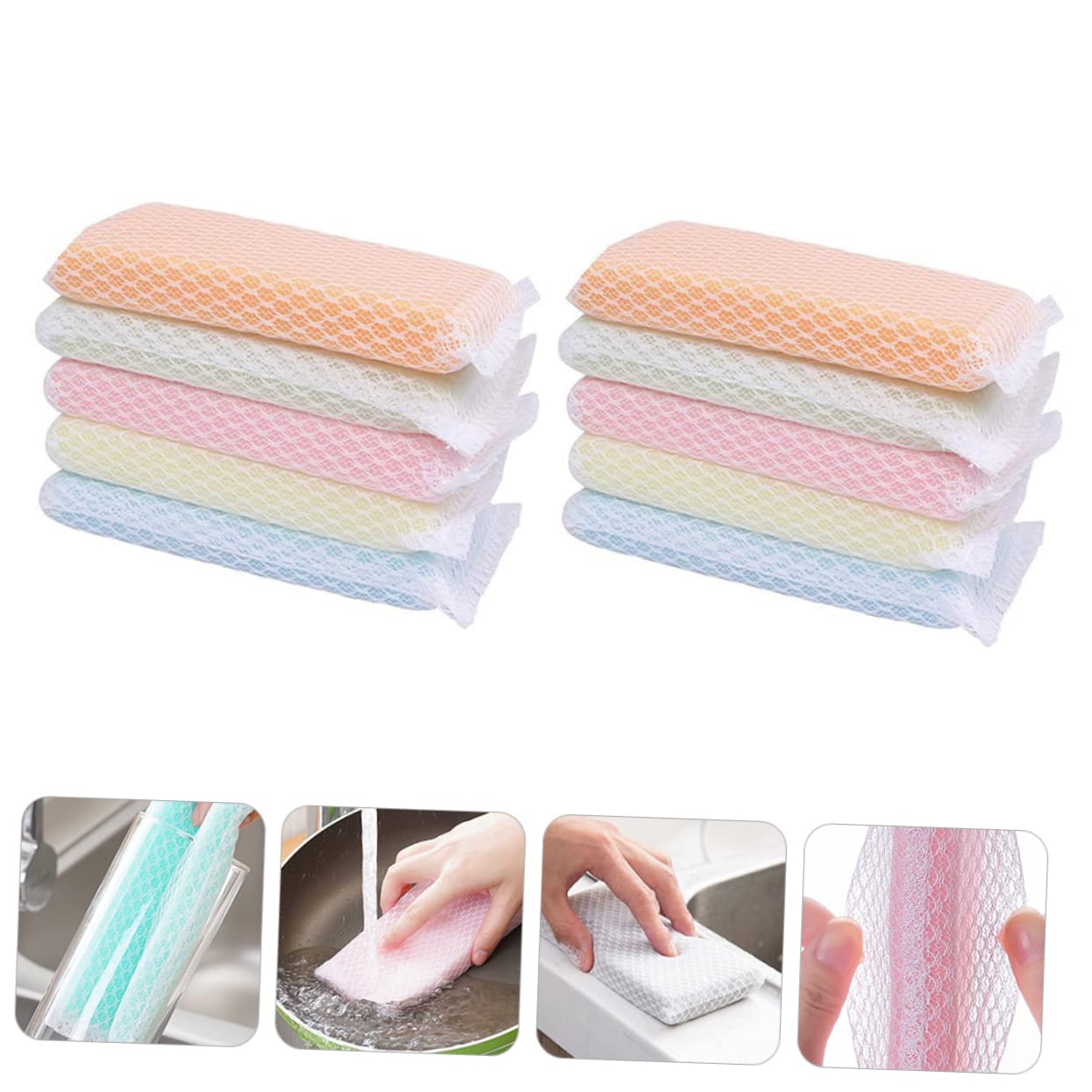 IWOWHERO 10pcs Sponge Pack Kitchen Scrub Dish Sponge Double Sided Cleaning Pad for Kitchen Scouring Rag Rich Bubbles for Easy Cleaning Random