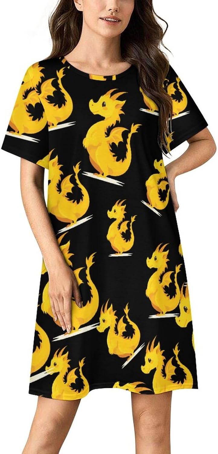 Cute Cartoon Dragon Women's Nightgown Short Sleeve Sleep Shirt Casual Sleepwear Night Gowns Sleepdress