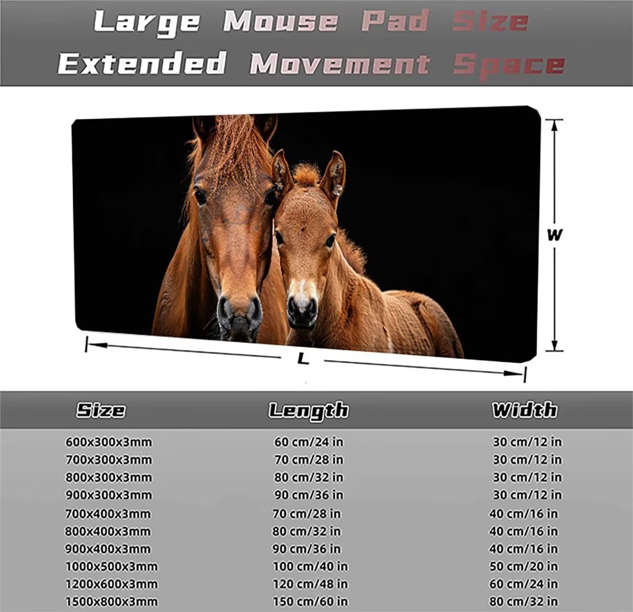 Podkładka pod mysz do gier XXL duża mysz 1500 x 800 x 3 mm, duża podkładka pod biurko z antypoślizgową gumową podstawą dla graczy PC, poprawia precyzję i szybkość zwierzęcia koń LMDT12666