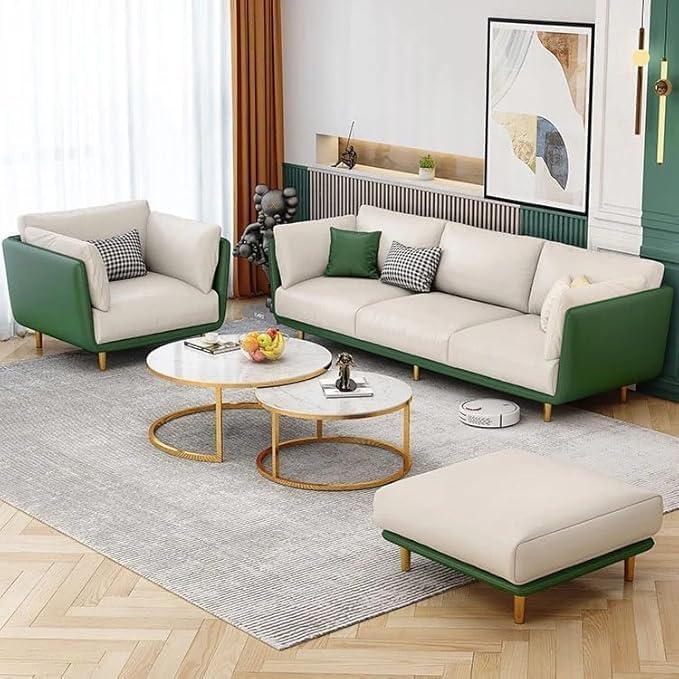 Image of Modern & Luxury Velvet Comfortable Sofa with Cushion Chaise Lounge Sectional Sofa Ideal for Living Room and Bedroom, Visitors' Home and Office. (3+1+1 Green Leather+Velvet Beige)