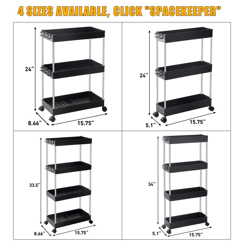 SPACEKEEPER Slim Storage Cart 3 Tier Mobile Shelving Unit Organizer