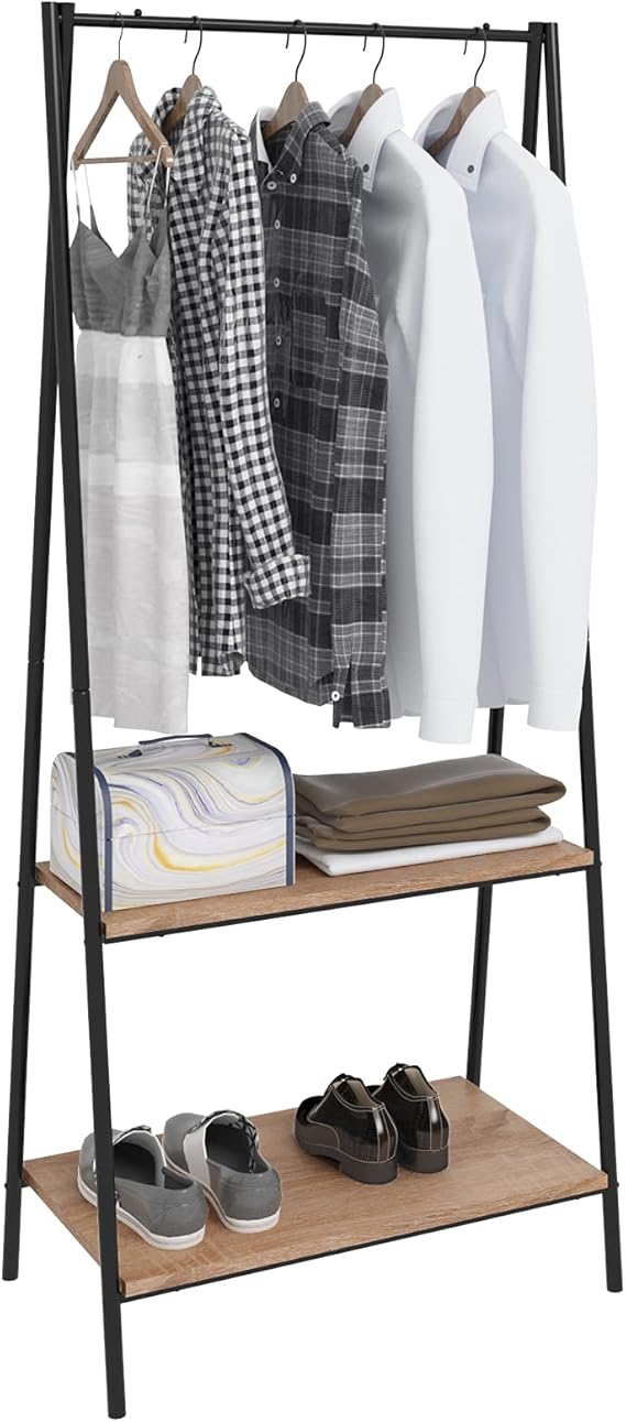 WOLTU Heavy Duty Clothes Rail Metal Coat Rack Stand with 2 Tiers Wooden