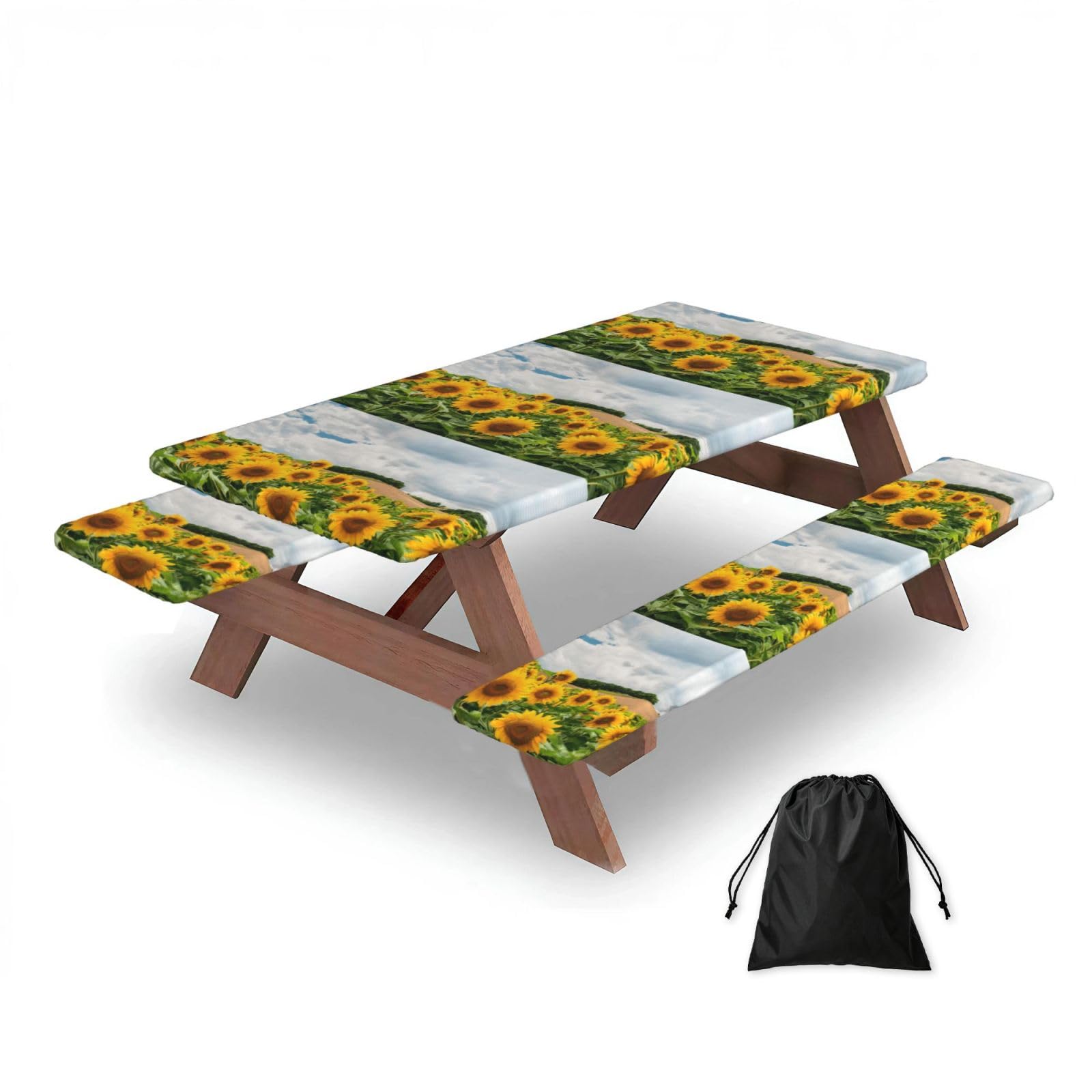Dopklna As Picture Sunflower Field, Picnic Table Cover With Bench Covers -Waterproof Elastic Fitted Tablecloth For Garden Camping Patio 76X152cm