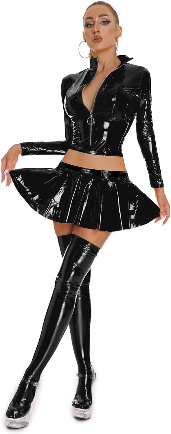 Agoky Latex Jackets Set for Women Long Sleeves Leather Jackets Wet Look Lingerie Set with Mini Skirts