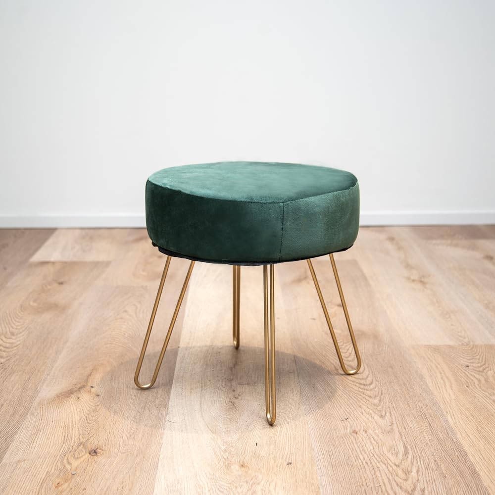 Pouf poggiapiedi in velluto - Rotondo - Elegante - Sgabello imbottito - Gambe dorate - verde bosco - Pronta consegna