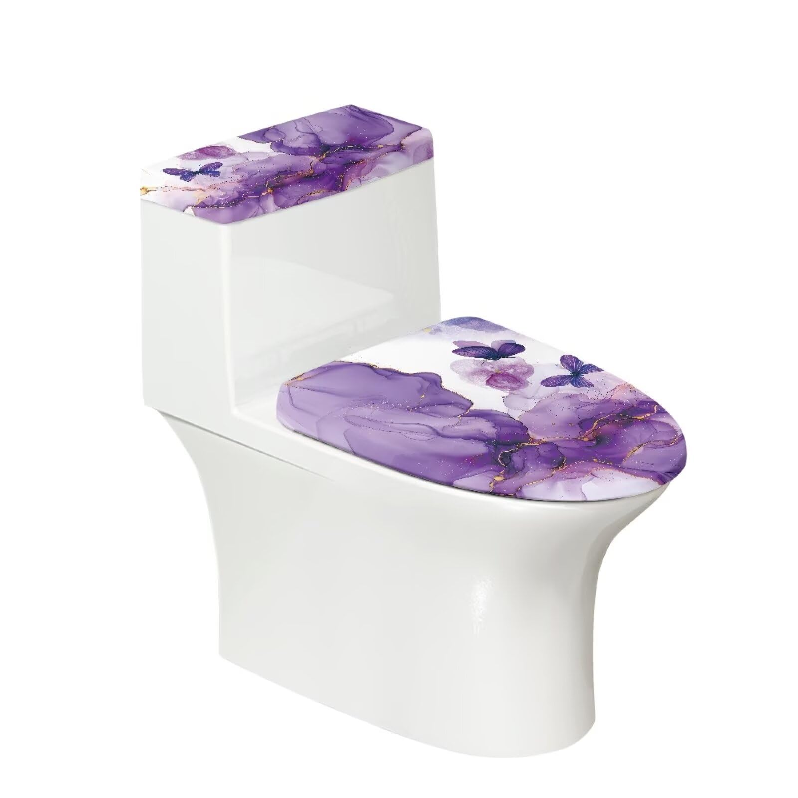 Purple Marble Butterfly Toilet Lid Dust Cover & Toilet Tank Lid Cover 2PC Elastic Edge Machine Washable Fits Most Toilet Lids Home Decor
