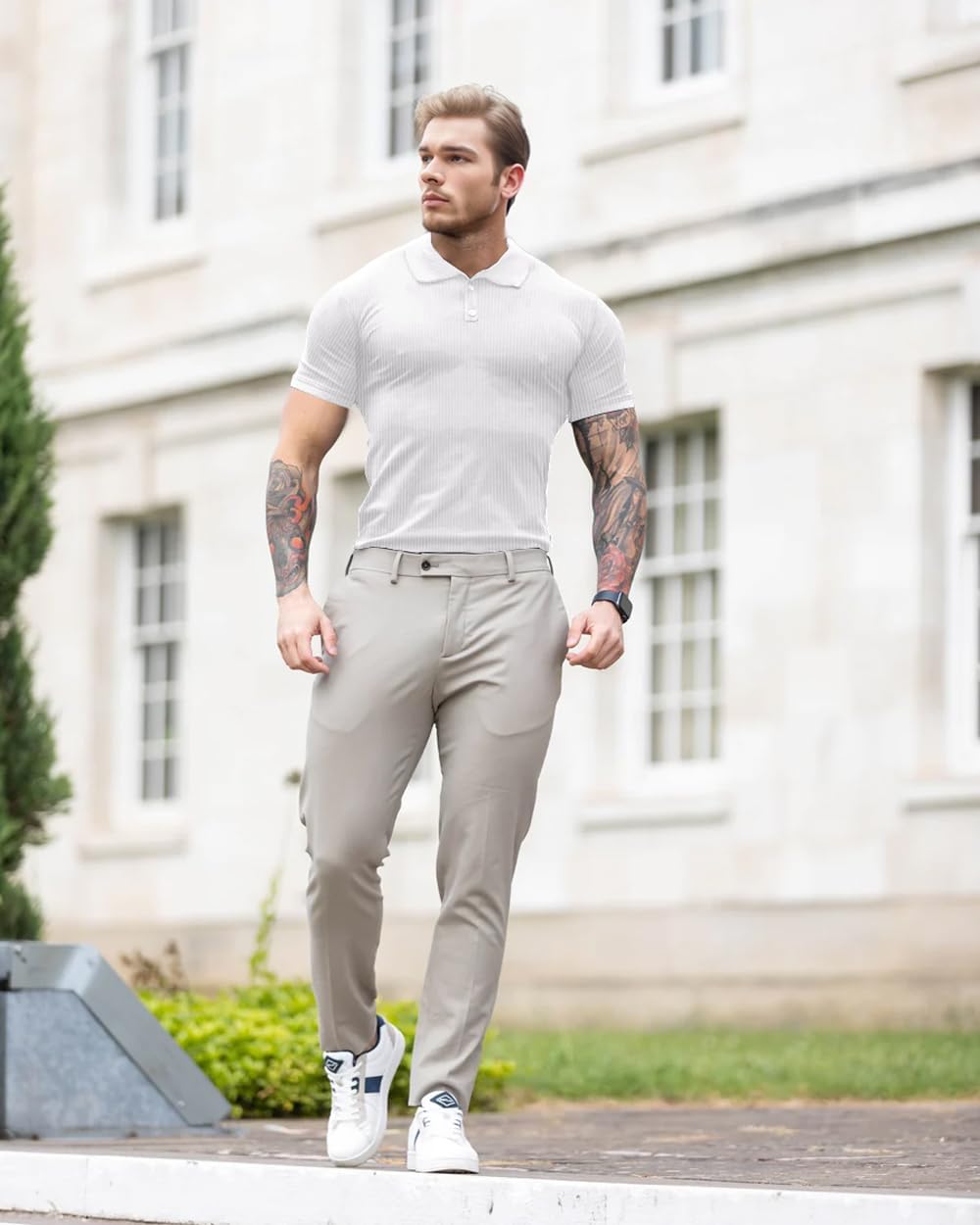 Lehmanlin Men's Muscle Polo Shirts Long&Short Sleeve Casual T- Shirts Slim Fit Stretch Ribbed Golf Tops