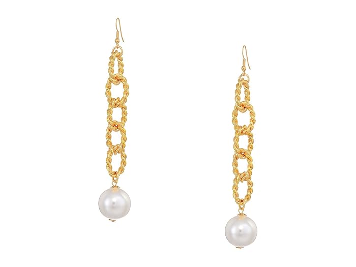 Kenneth Jay Lane  5 Gold Braided Links with Pearl Ball Drop Fishhook Earrings (Gold/Pearl) Earring