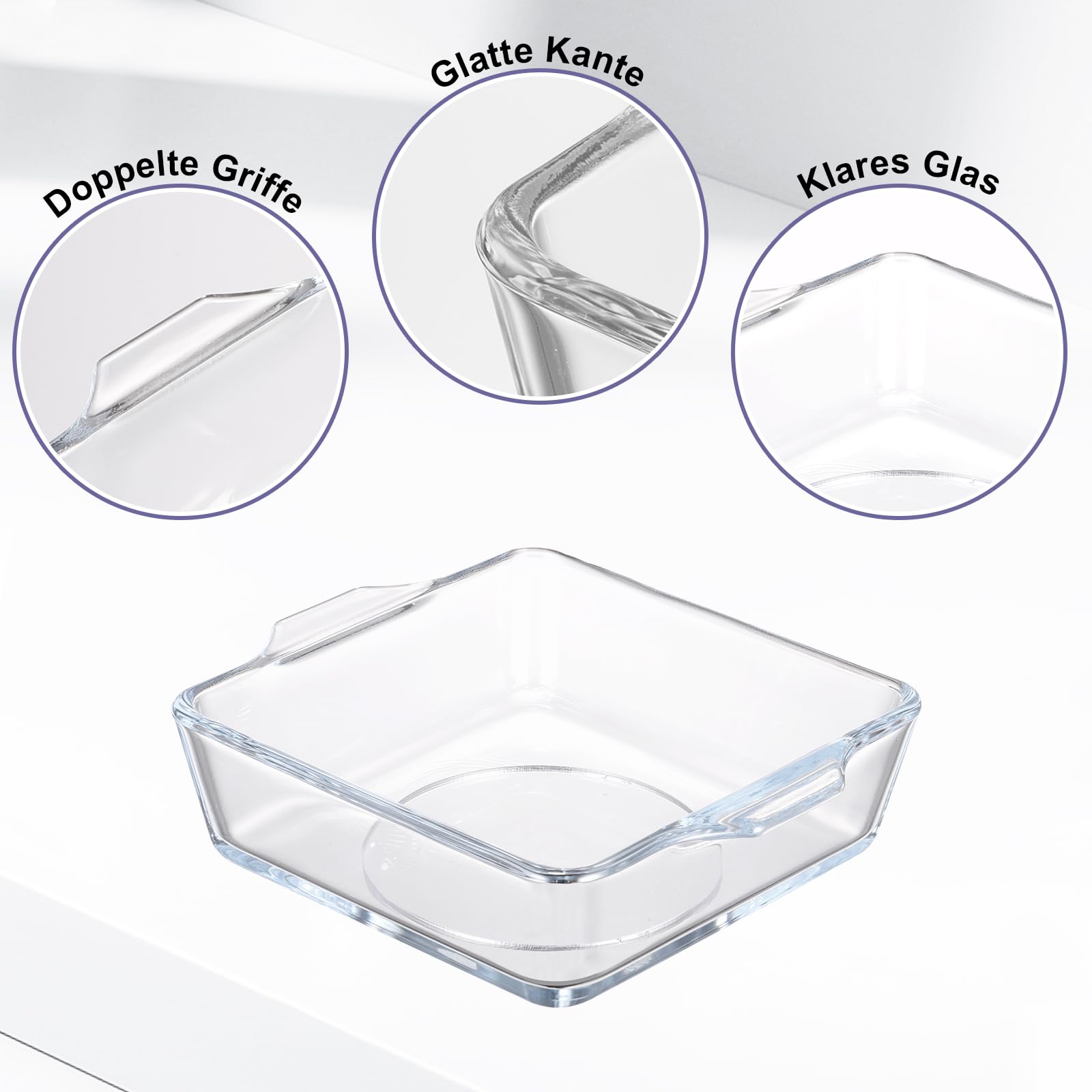 Lot de 4 mini plats à gratin en verre transparent avec poignée 0,5 l - Petit moule à cake en verre empilable - Moules carrés empilables pour four, micro-ondes, lasagnes, tiramisu