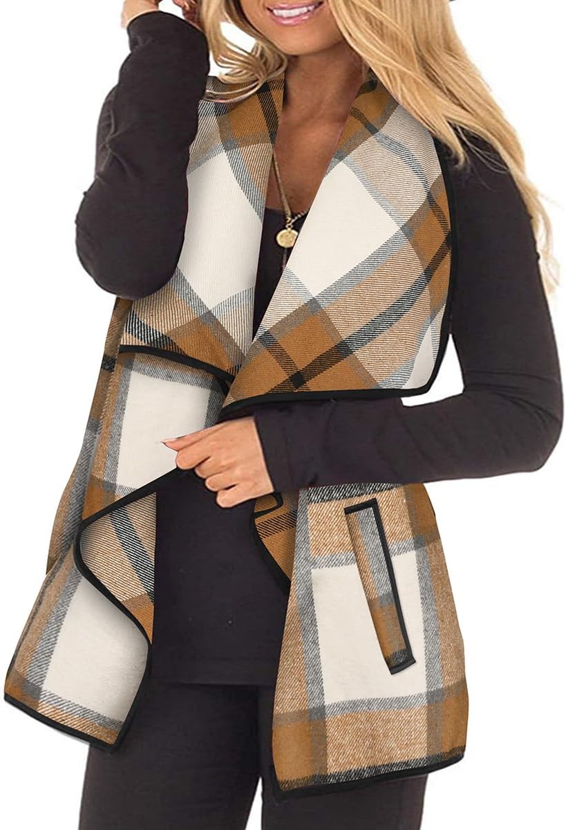 CARCOS Plus Size Women Vest Plaid Lapel Open Front Cardigan Buffalo Sleeveless Jacket Coat with Pockets XL-5XL