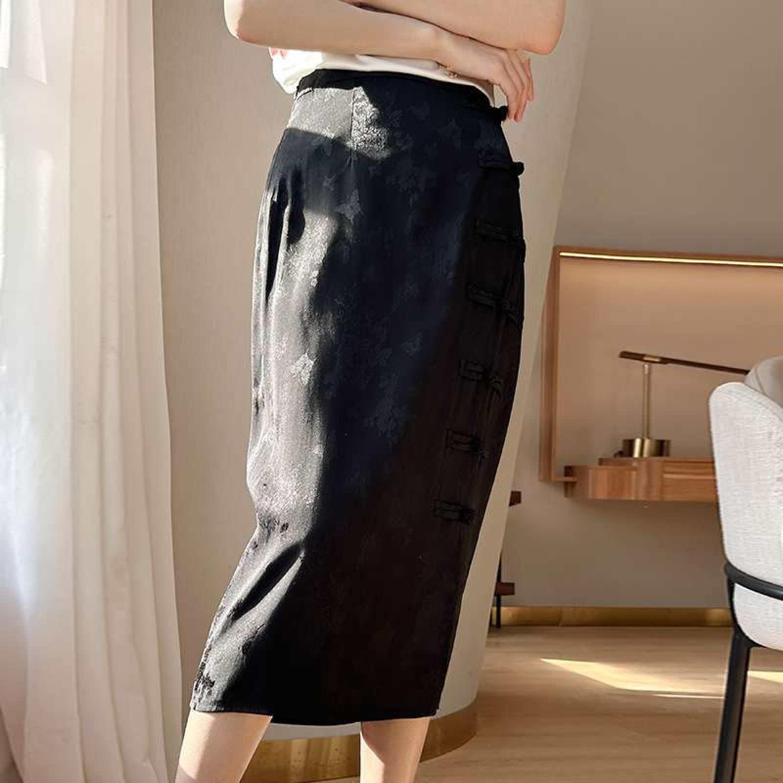 Jupe Droite en Satin De Soie pour Femme - Été Mi-Longue Taille Haute Jacquard Rétro Style Chinois Boucle Cheongsam Jupe Fendue À La Hanche, Jupe Drapée Souple Et Soyeuse À La Mode,Noir
