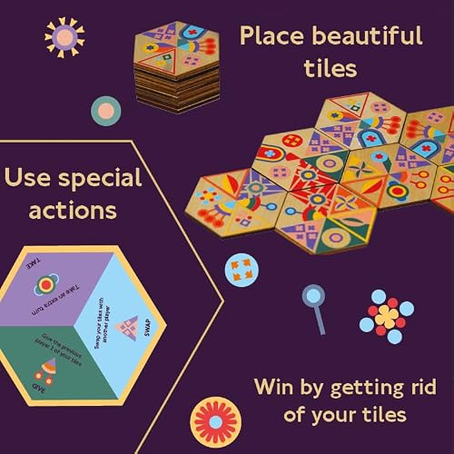 Gibsons Games Tegula Family Strategy Game – Hexagonal Tile Mosaic Game for Kids Age 8+, Includes 60 Tiles & 10 Action Cards, 2-6 Players, 20 Min Playtime