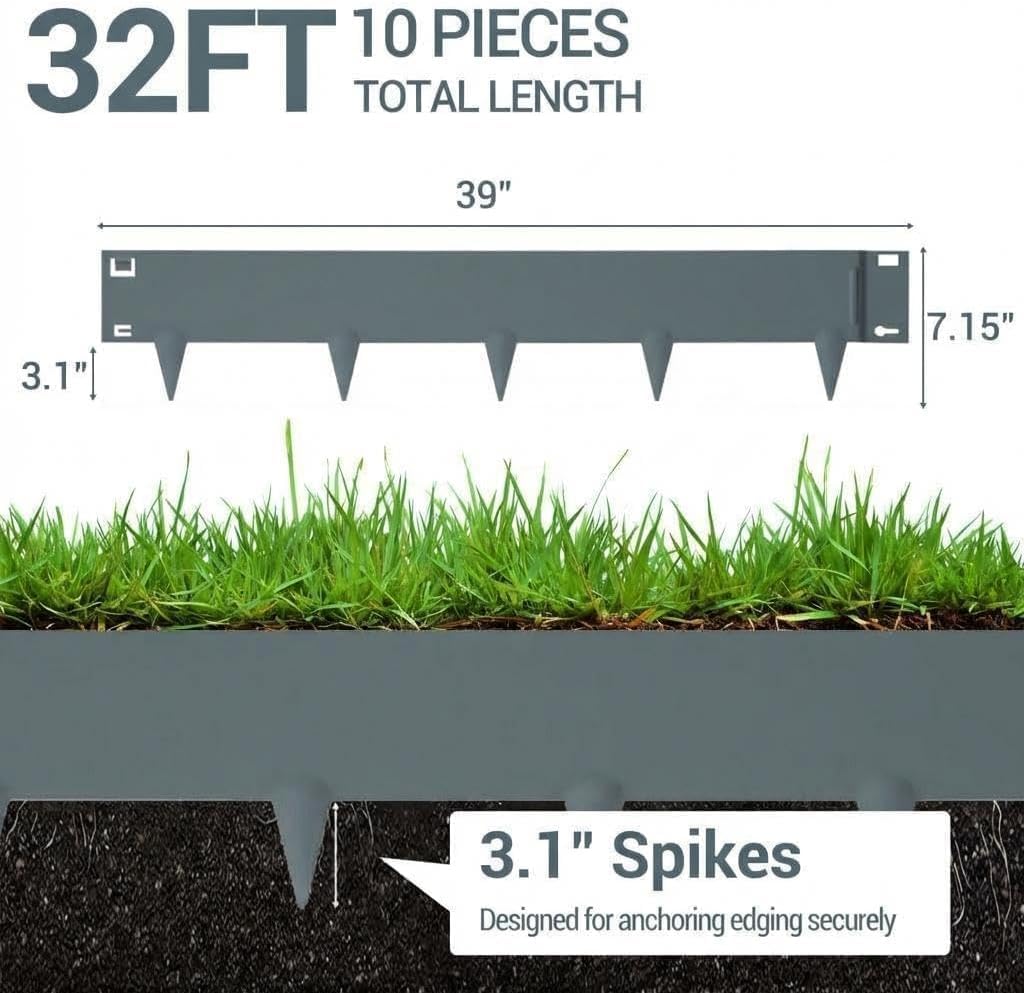 Galvanized Steel Landscape Edging 10 Pack, Hammer-in Metal Lawn Edging Border with Stakes, Flexible No-Dig Garden Edging for Flower Beds, Yard Borders, Pathways & Landscaping Design