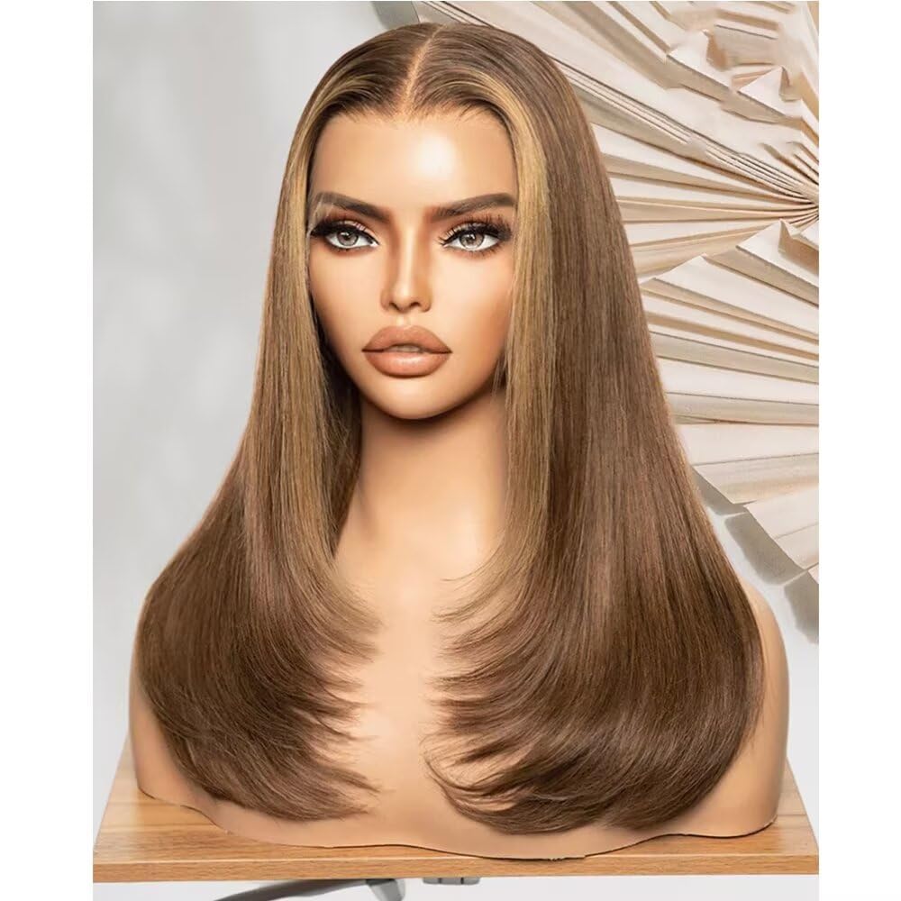 Highlight Layered Cut Straight Glueless Wig Brown and Honey Blonde Silky Straight HD Transparent 13X4 Lace Front Human Hair Invisible Bleached Knots Wig PrePlucked 150 Density Layered Cut Straight Wig