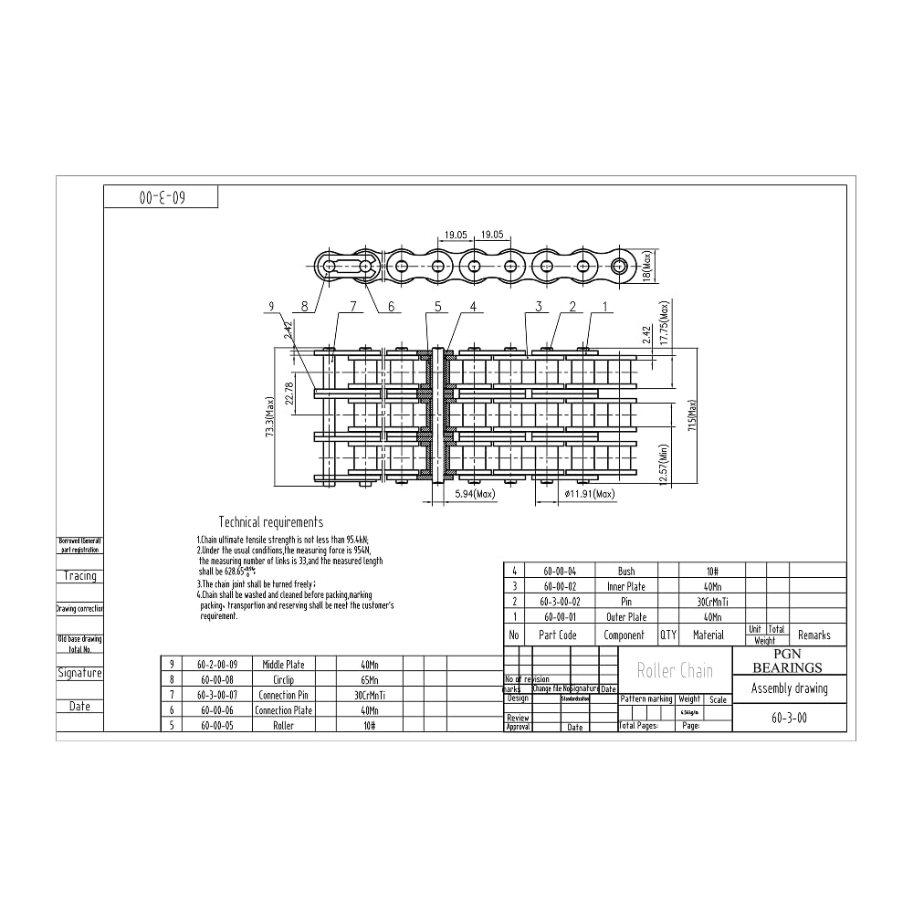 PGN #60-3 Triplex Triple Strand Roller Chain x 10 feet + 2 Connecting Links