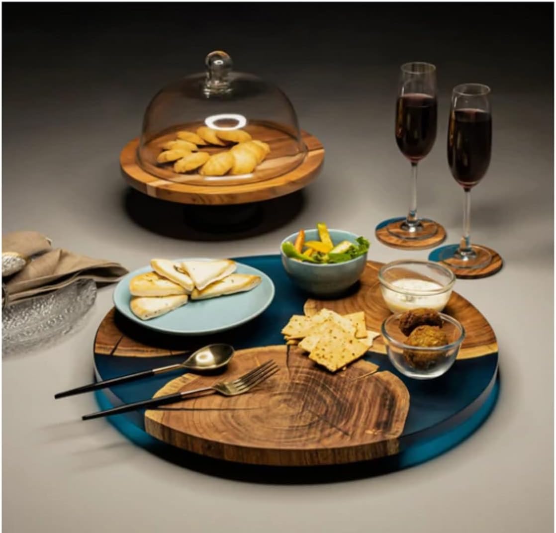 TUZECH Large EPOXY, Resin Lazy Susan with Blue epoxy, Table Centerpiece, Kitchen Art, Home Decor, Wedding Gift Center Dining Tables 18''Inches