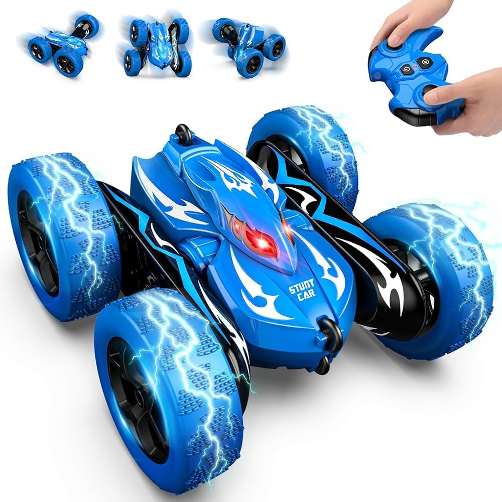 HappyGoLucky Remote Control Cars, Toy Cars for Boys Age 3 4 5 6, 360° Flips, 15KM/H, 2.4GHz Monster Truck, RC Stunt Car Outdoor Garden Toys Birthday Presents Easter Gifts for 3-12 Year Old Boy, Blue