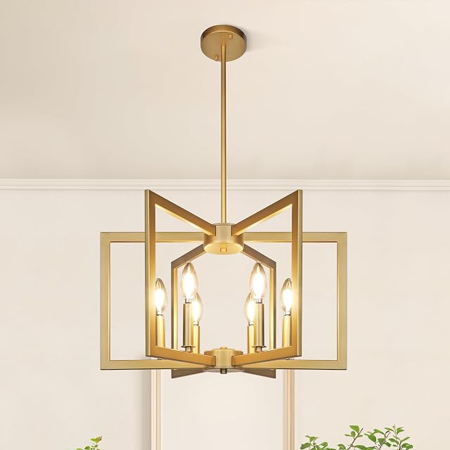 6-Light Gold Pendant Light Modern Farmhouse Dining Room Light Fixtures Over Table Industrial Metal Geometric Kitchen Chandelier for