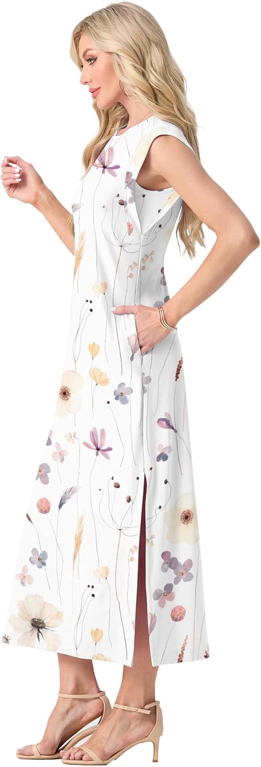 GRECERELLE 2025 Women Summer Casual Round Neck Cap Sleeve Maxi Dress with Pockets Beach Vacation Sundress - Image 5