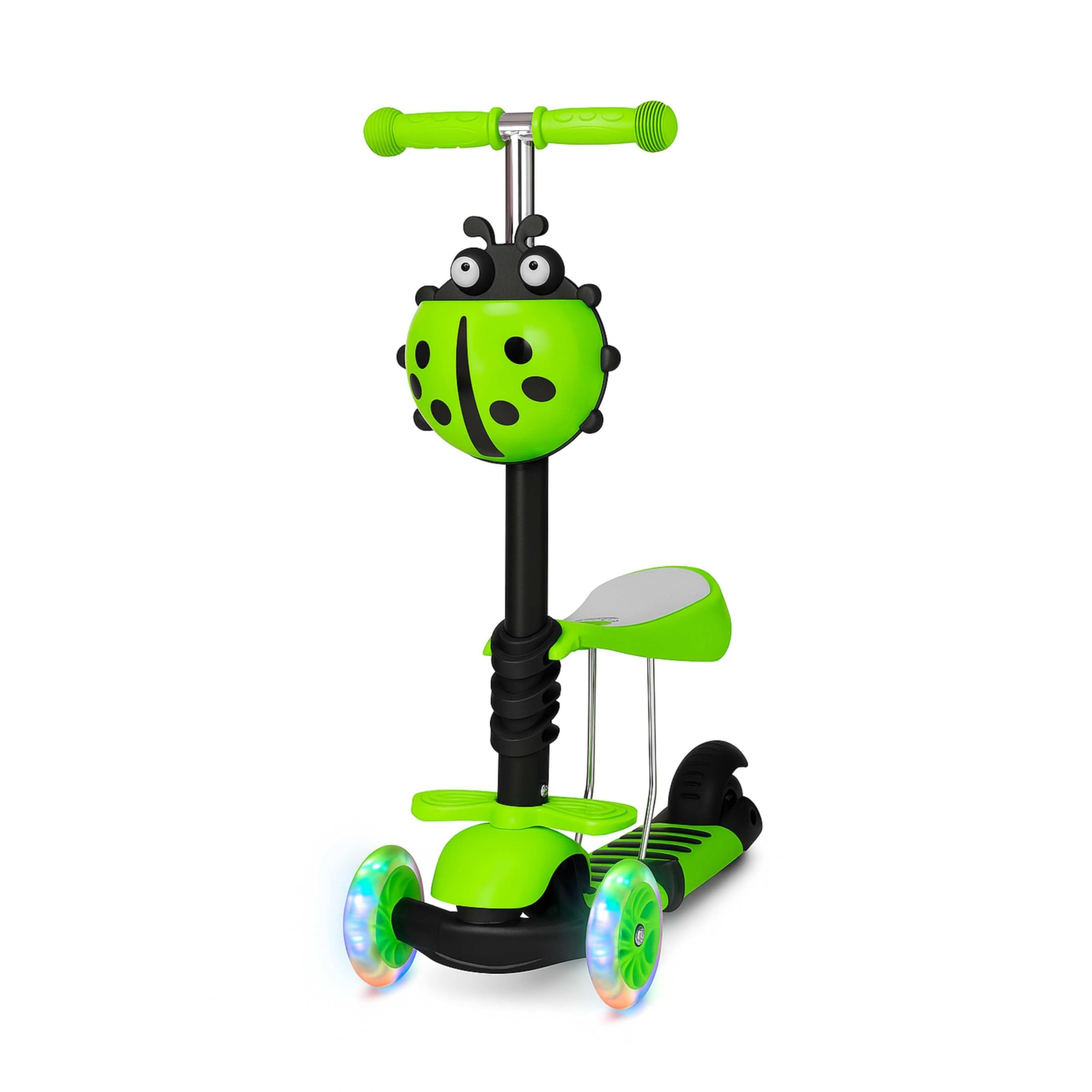 ADEPTNA 3-in-1 Kids Scooter with Removable Seat Adjustable Handlebar, LED Flashing Wheels, & Anti-Slip Pedal Lean-to-Steer Kick Scooter Toddlers Girls Ages 2-11 Years Sturdy 3-Wheel Design (GREEN)