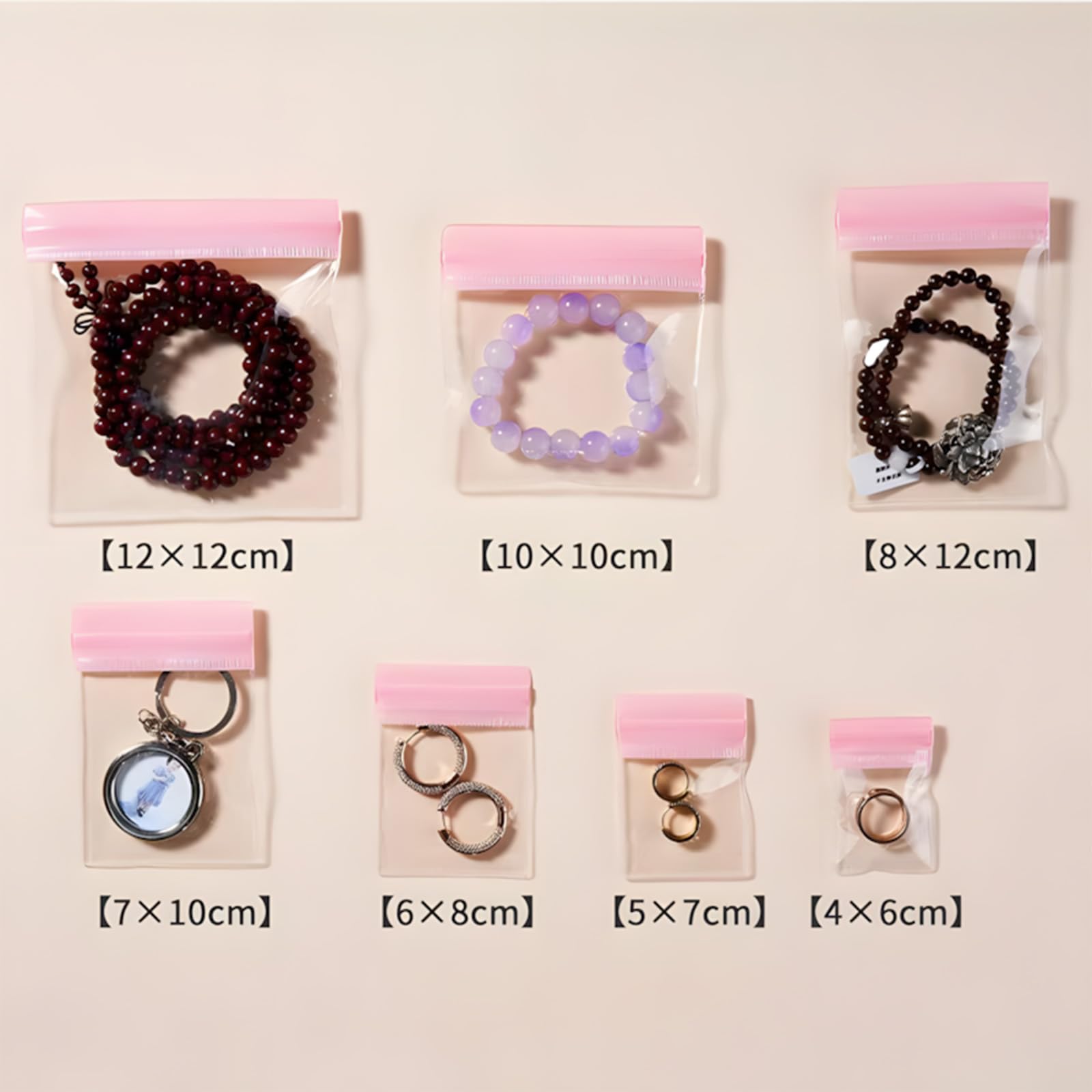 35 transparent ziplock bags, PVC anti-oxidation sealed jewe lry storage bags for jewelry necklaces and rings (7 sizes) (pink)