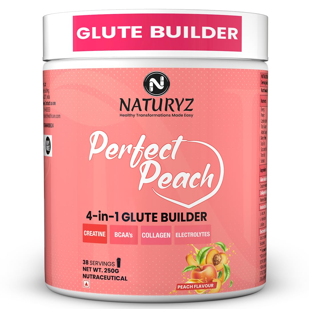 NATURYZ Perfect Peach 4-in-1 GLUTE BUILDER | Micronized Creatine Monohydrate for Women | Booty Gain Collagen | Vegan BCAA 2:1:1 | Electrolytes | Increase Lean Muscle Mass Gain – 250g (Peach Flavour)