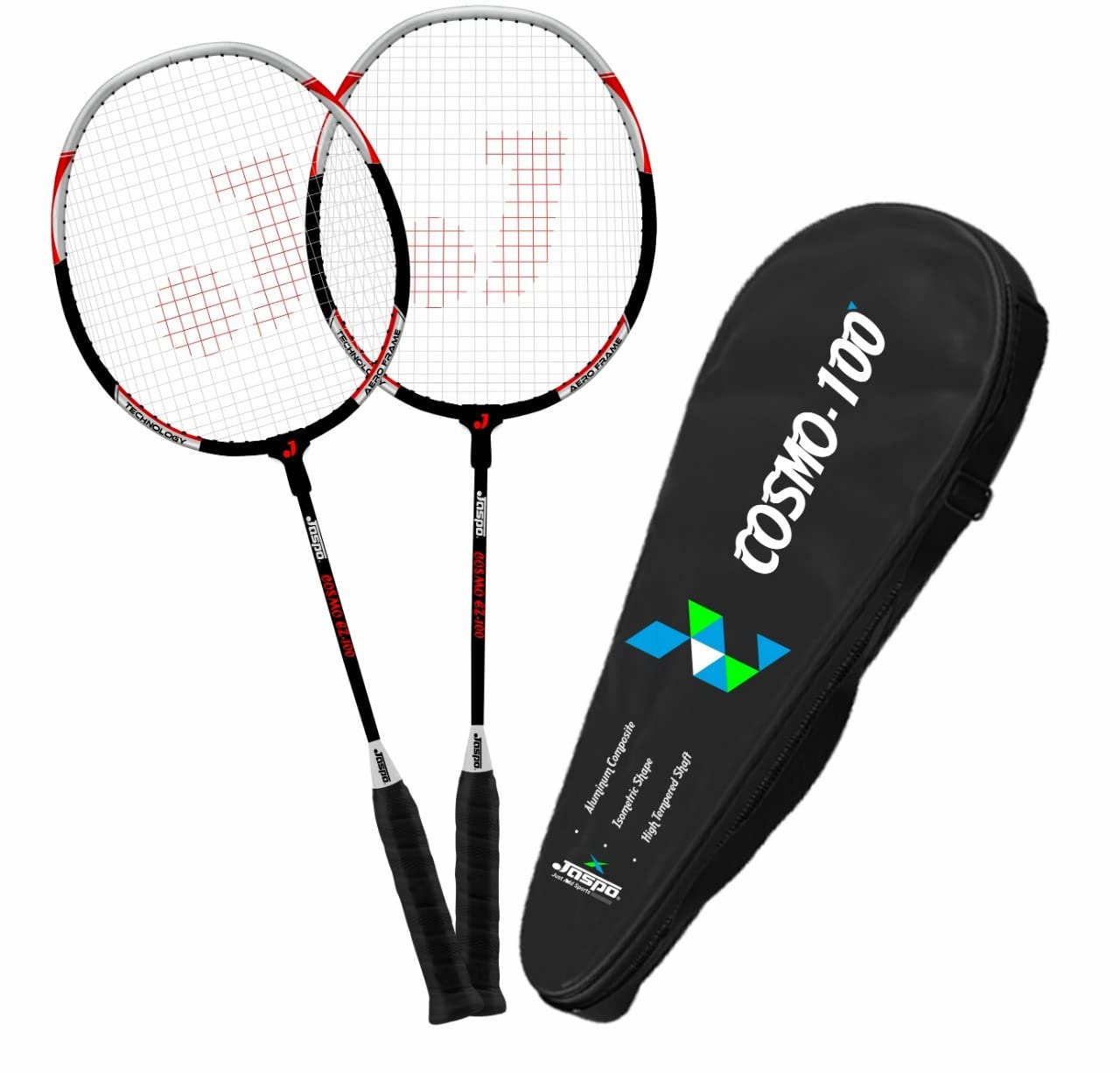 Jaspo Cosmo EZ 100 NANOTECH with Feather Shuttle Pack (2 Racquets + 5 Feather Shuttles + Bag) (Grey), One Size