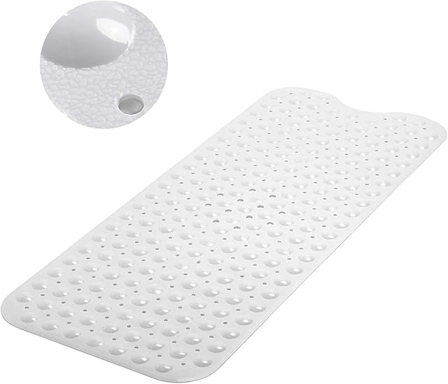 MASS DYNAMIC Extra Long Bath Mats Non Slip Bathtub Mat Mildew Resistant Shower Mats with Anti Slip Suction Cups | Easy Clean Bathtub Mat with 176 Drain Holes (Opaque White)