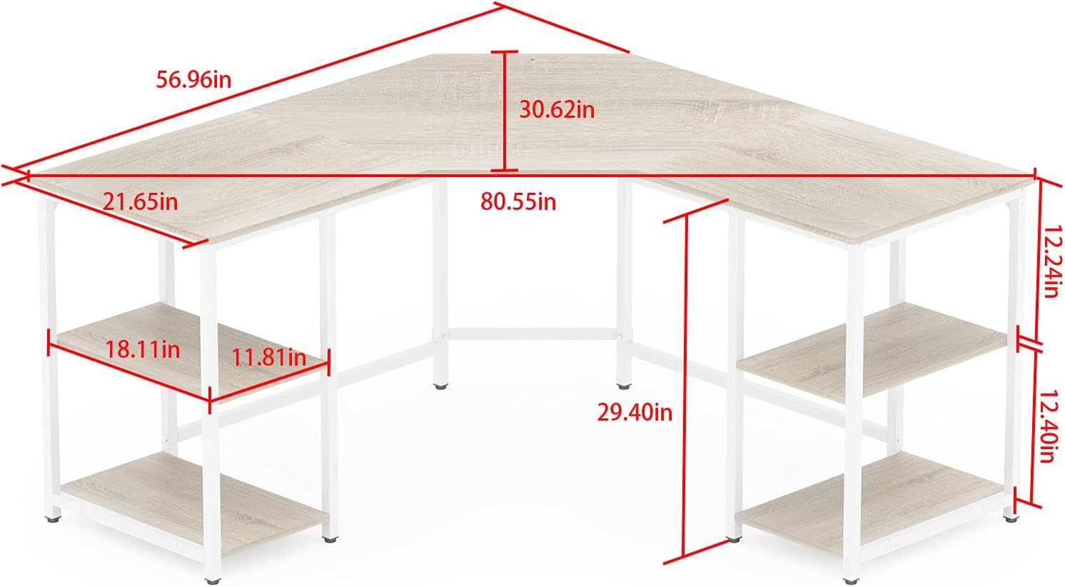 Diagram showing the dimensions of the Elephance L-Shaped Computer Desk.