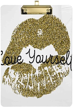 Amazon Nibainlo クリップボード タテ型 用箋挟 白い背景にゴールドのキラキラ唇プリントのポスター クリップファイル かわいい ワードパッド ファイルバインダー 多機能 フォルダ 携帯便利 会議用パッド 22 8x31 8cm クリップファイル ボード 文房具