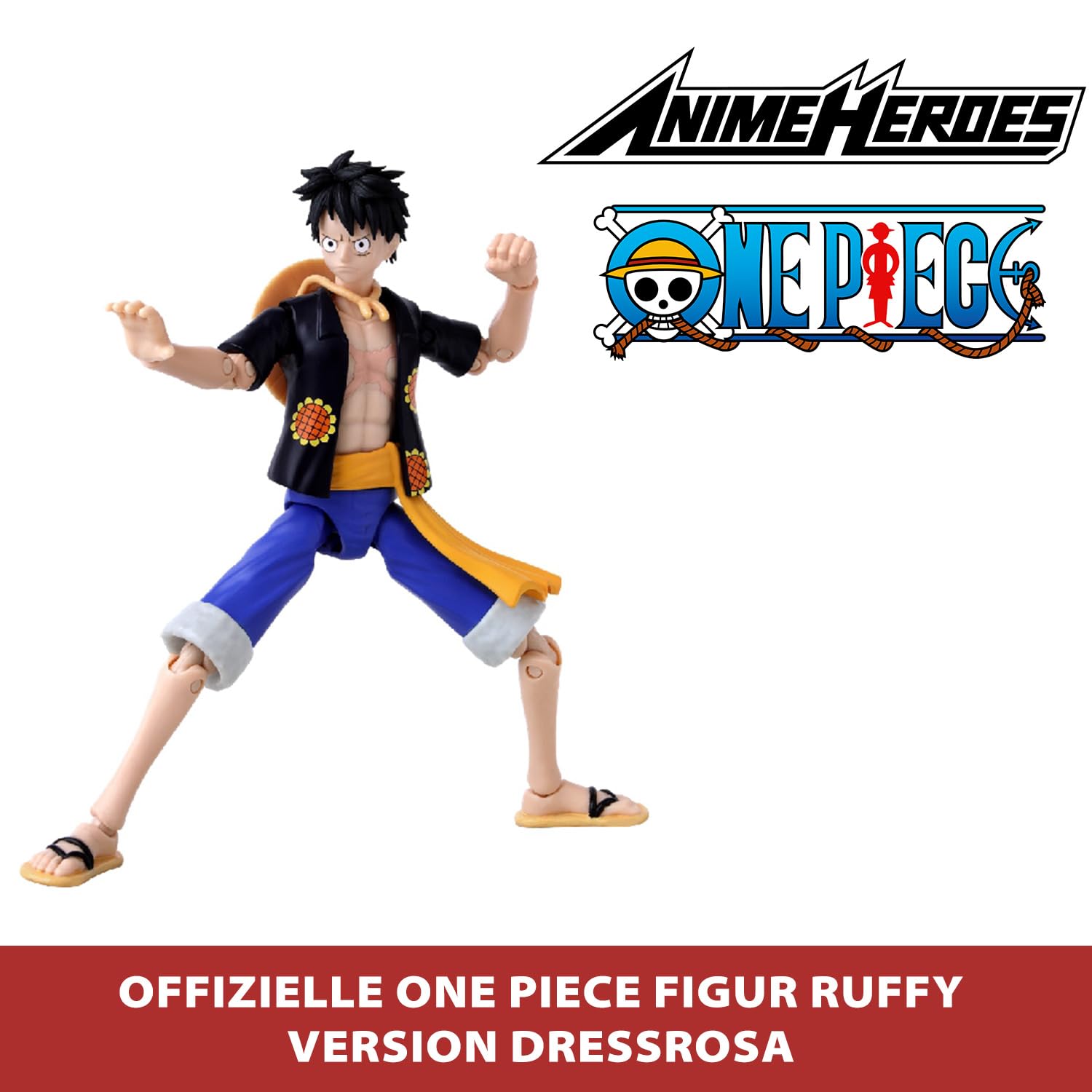 BANDAI – Anime Heroes – One Piece – Anime Heroes Figur 17 cm – Monkey D. Ruffy Dressrosa-Version – Offizielle One Piece Lizenz – Gelenkige Luffy-Figur – Spielzeug für Kinder ab 4 Jahren – 37007