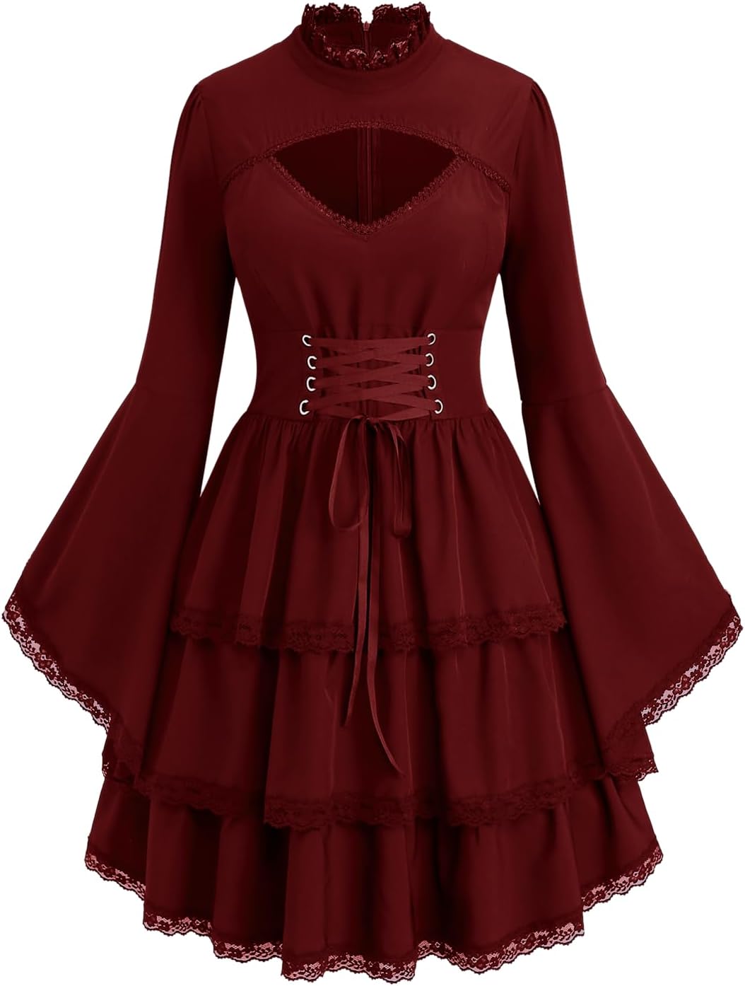 ROSE GAL Womens Plus Size Victorian Gothic Lace-up Layered Lace Trim Cutout Trumpet Sleeves Knee Length Dress