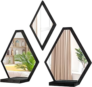 JACKCUBE Design Wall Mount Decorative Mirrors- Set of 3, Geometric Rusti...