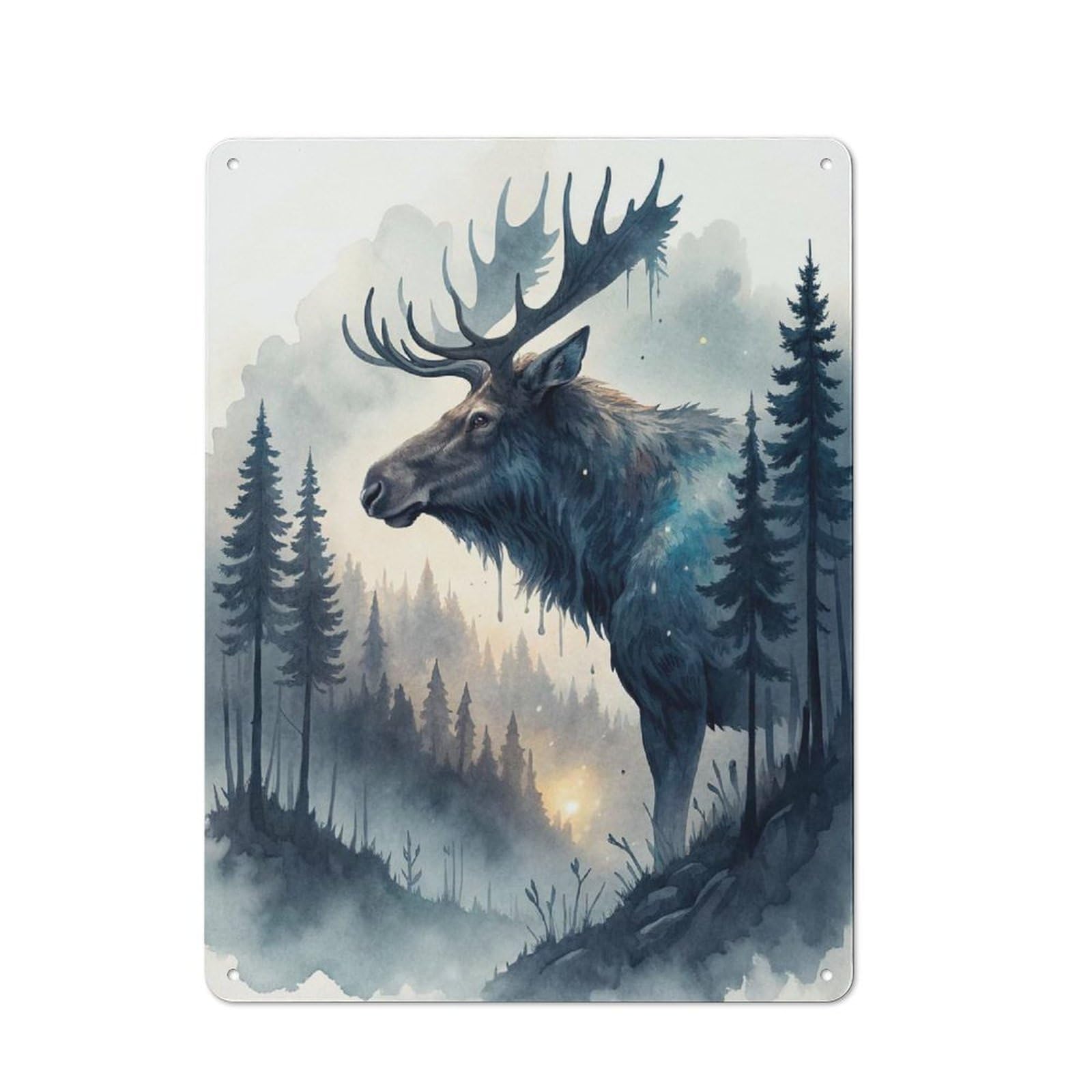 Junmoney Style-15 Retro Metal Wall Sign 40X30cm With Majestic Moose In Misty Forest For Hallway Wall, Suited To Hallway Decor Lovers